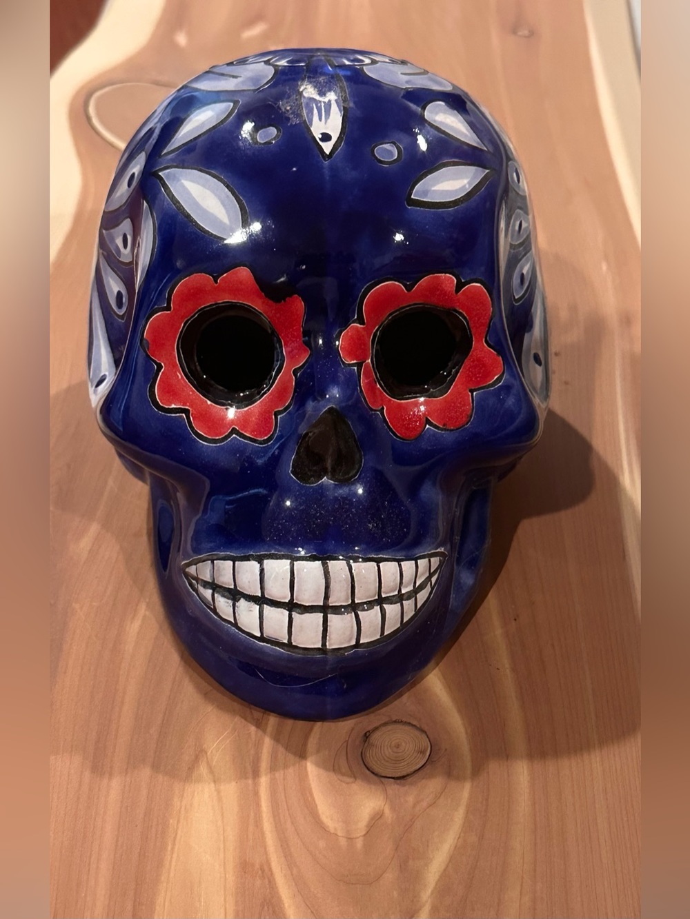 Talavera Mexican Pottery - Sugar Skull Blue and White with Red